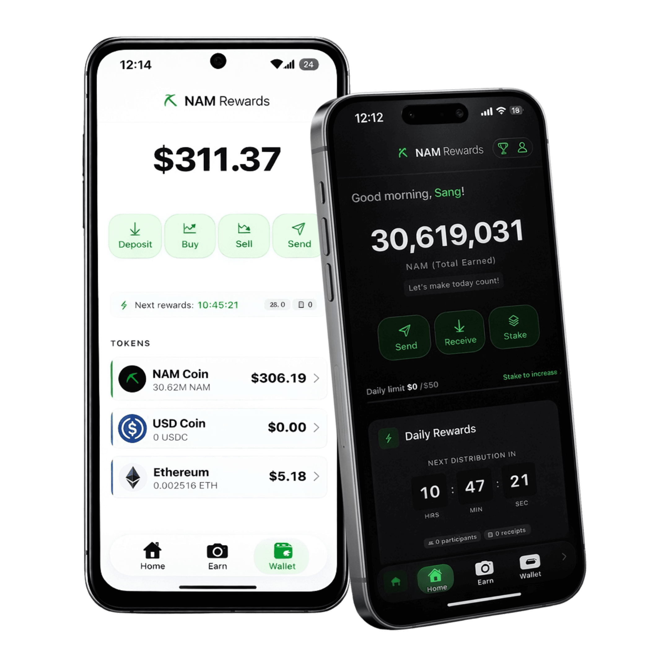 NAM Rewards app showing wallet and earnings dashboard
